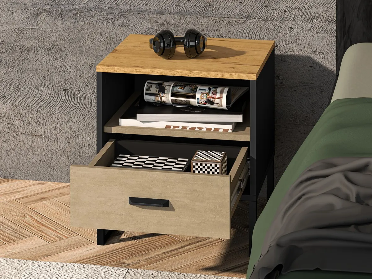 Szafka nocna z szufladą Colt 08 dąb craft złoty, czarny, stal premium - 1COLT08-001