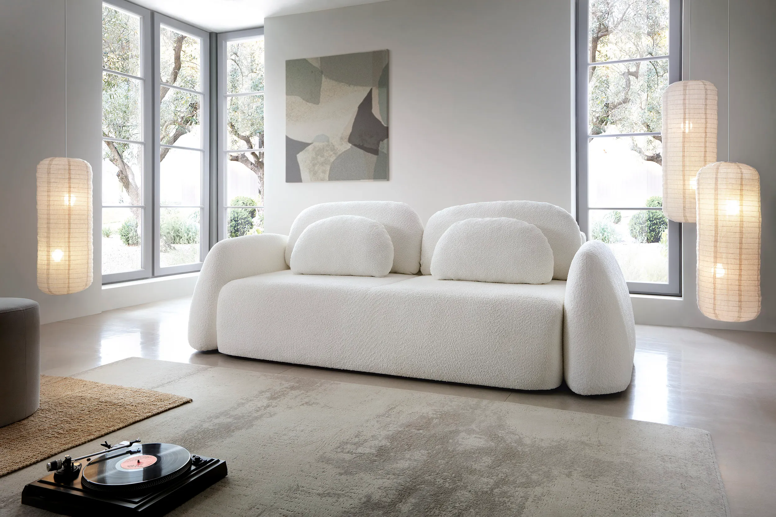 Sofa rozkładana z poduszkami 259 cm MONSOON kremowa boucle — zdjęcie 9