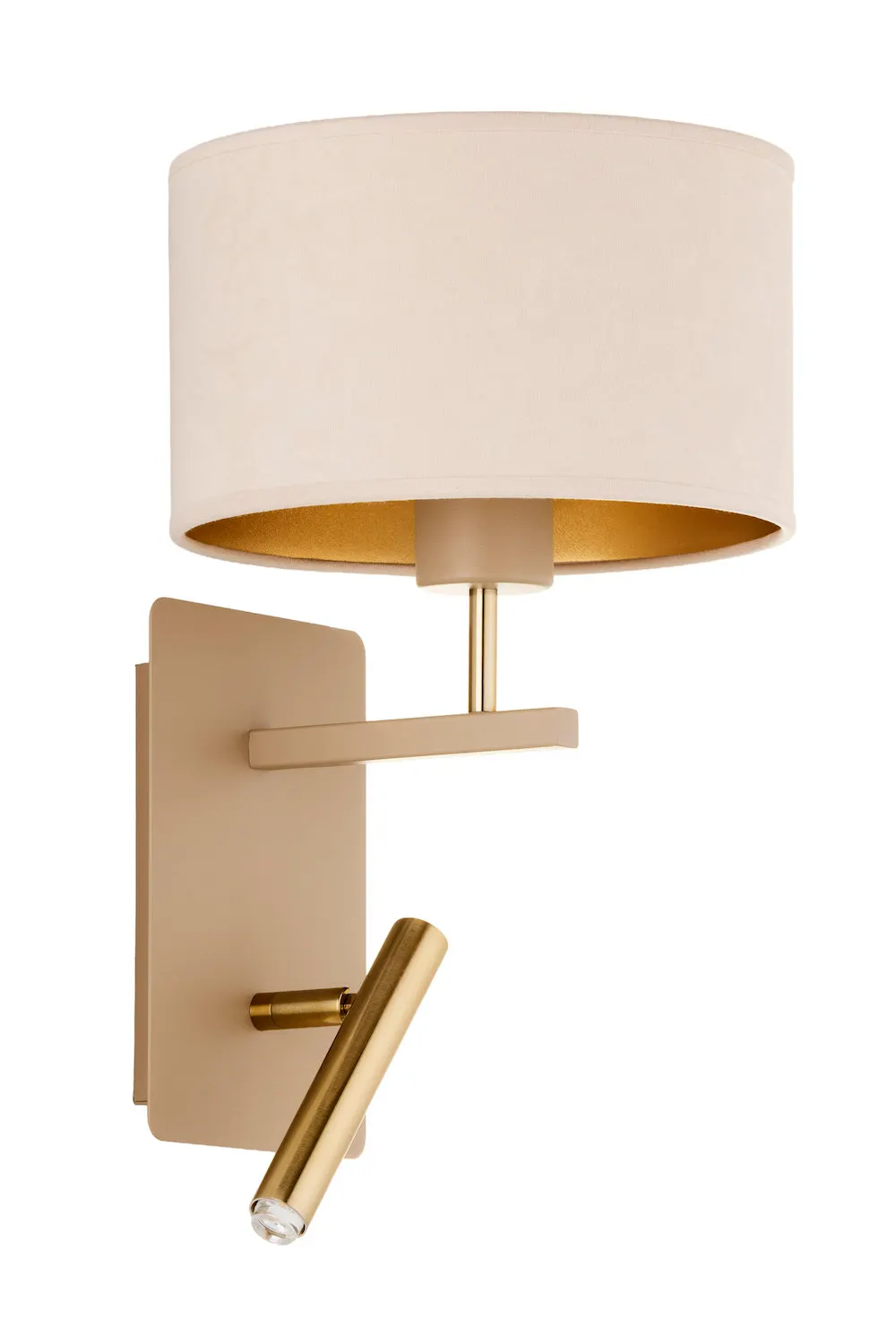 image ścienna lampa, lampa kinkiet, nogi złote, klosz materiałowy, metalowy mocowanie