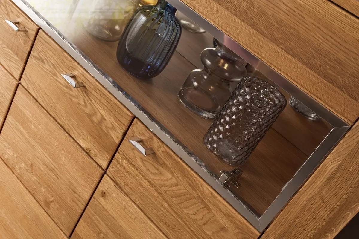 Witryna 3-drzwiowa LATINA 48 drewniana z barkiem i lustrem wewnątrz - dąb miodowy 134x126x42cm - TH-100-1475