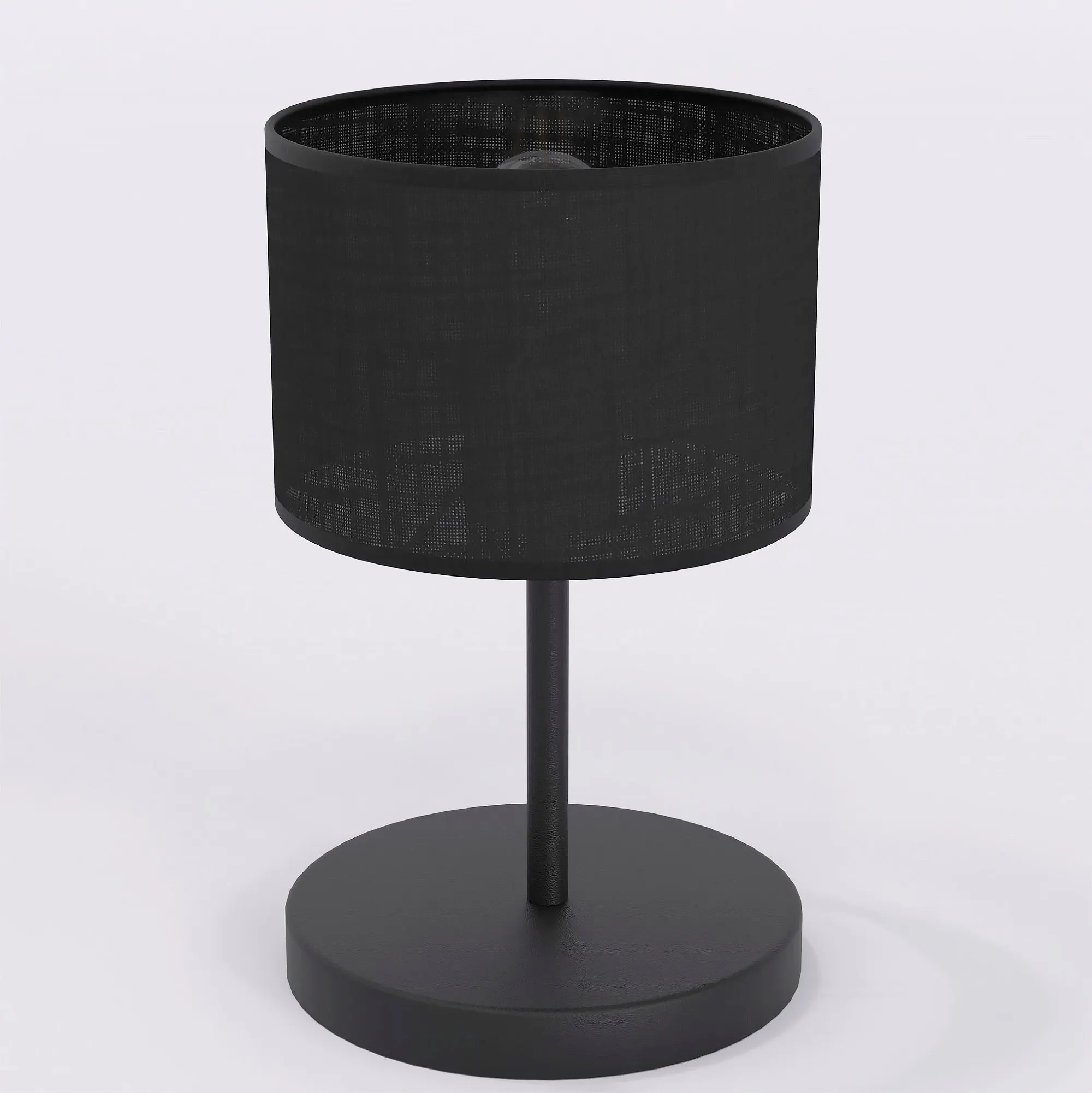 image lampa stołowa, czarna abażur, metalowy stelaż, okrągła podstawa, tkaninowy abażur
