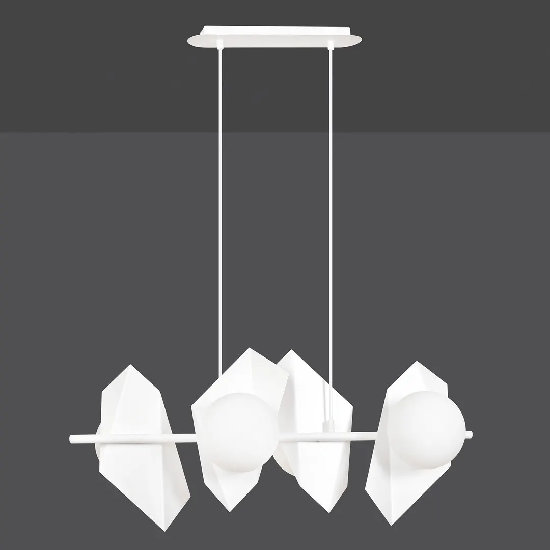 lampa wisząca, okucie światła, białe elementy, kula-lampa, geometryczny design