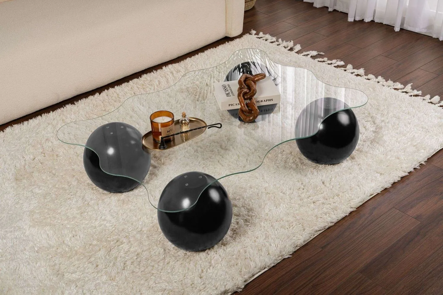 Stolik kawowy NOXA 80x120 cm nogi kuliste czarne blat transparentny - ASI_857NRD1116