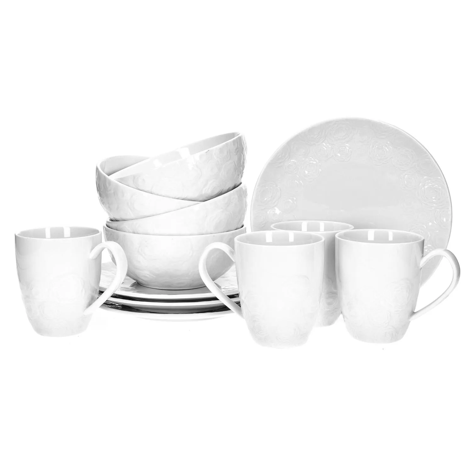 Zestaw śniadaniowy różyczki DUKA SARA 12 elementów porcelana ceramic, talerze, kubki, biały, wzór rose