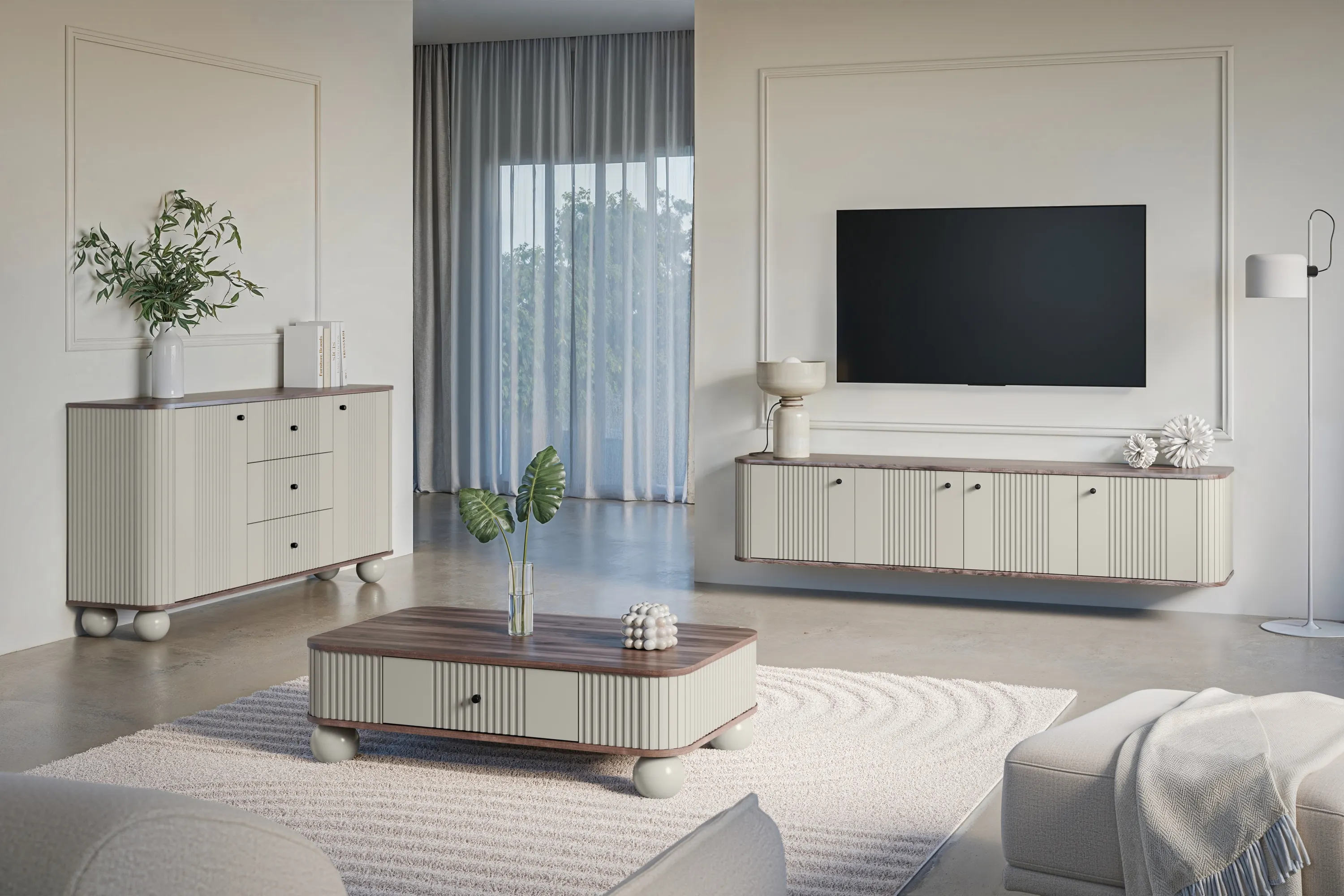 Komoda 2-drzwiowa z 3 szufladami VESPER 160 ryflowany front cashmere orzech czarne uchwyty nogi kule - B_163610