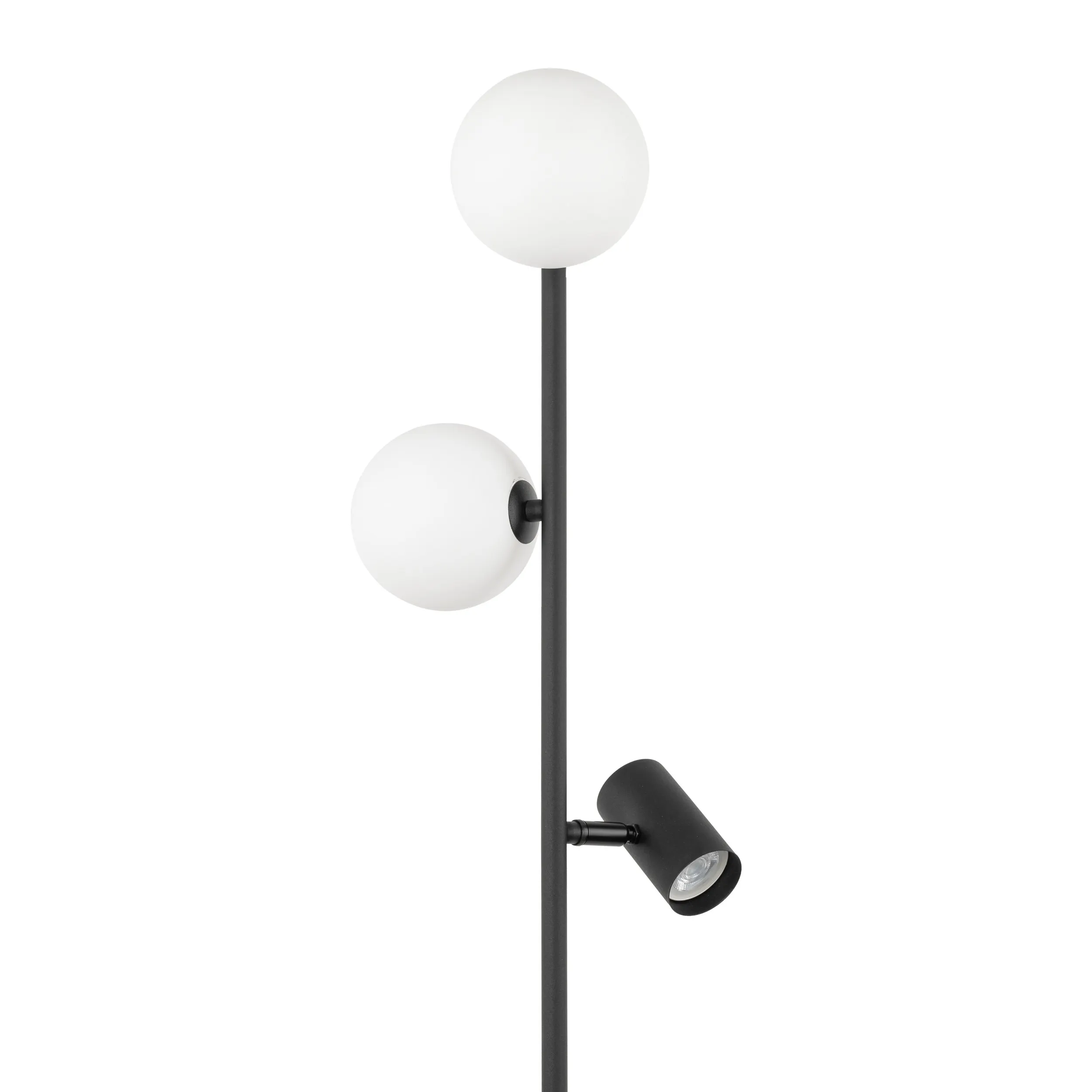 Lampa podłogowa VOX czarna z dwoma białymi okrągłymi szklanymi kloszami i lampką regulowaną do czytania z włącznikiem 172x30cm - TK_16063