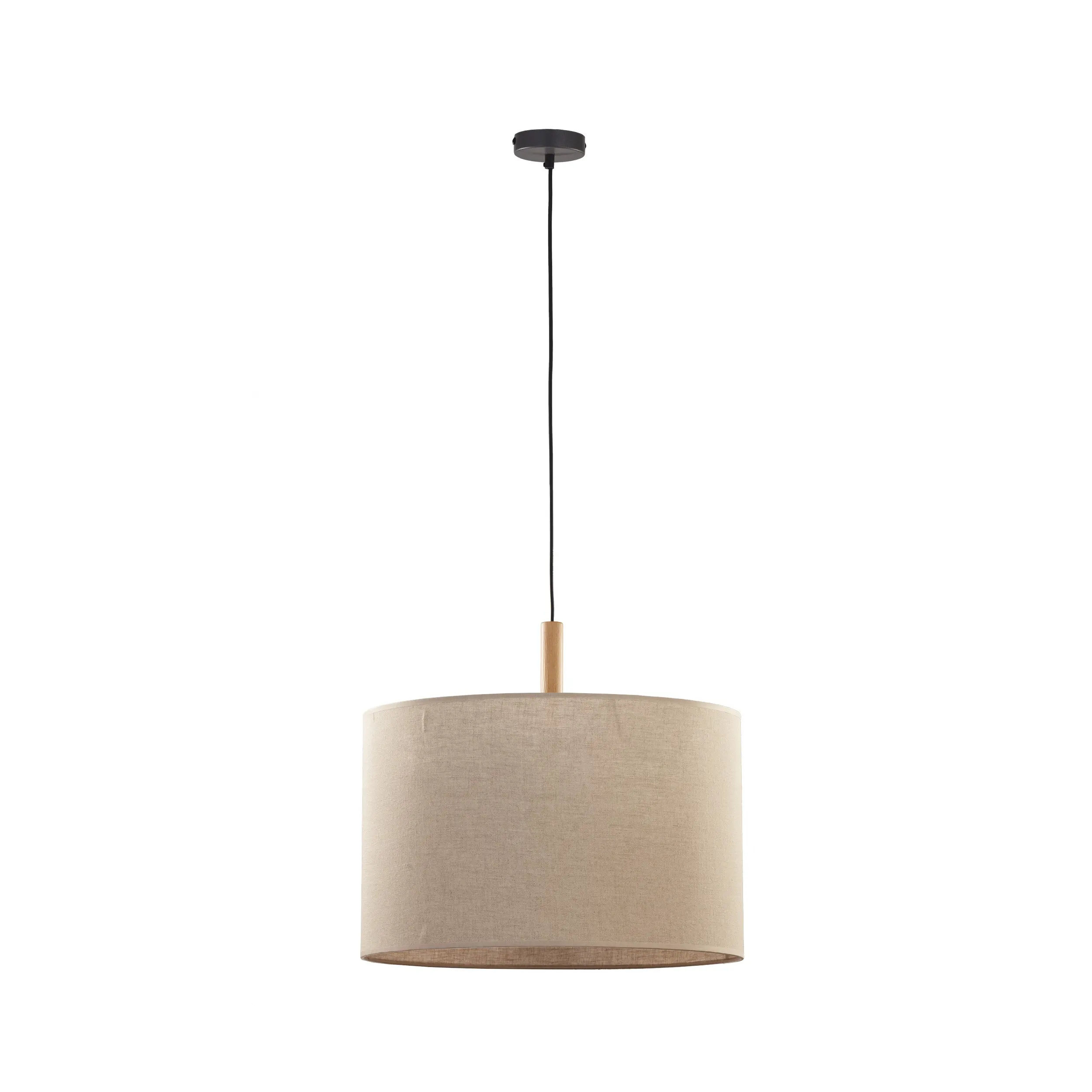 Lampa wisząca DEVA NATURE na czarnej podstawie i przewodzie z drewnianym elementem beżowy okrągły abażur z tkaniny 175x50cm