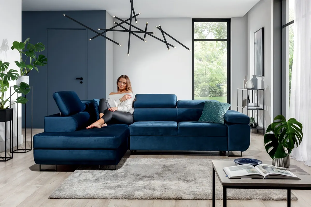 Narożnik lewostronny ANNABELLE L regulowane zagłówki nogi czarne tkanina Monolith 77 granatowy - B_165782