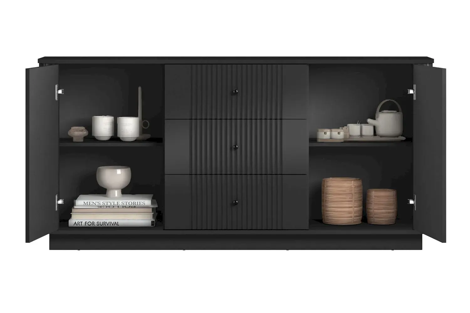 Komoda 2-drzwiowa z 3 szufladami VESPER 160 ryflowany front - czarny czarne uchwyty cokół - B_169444