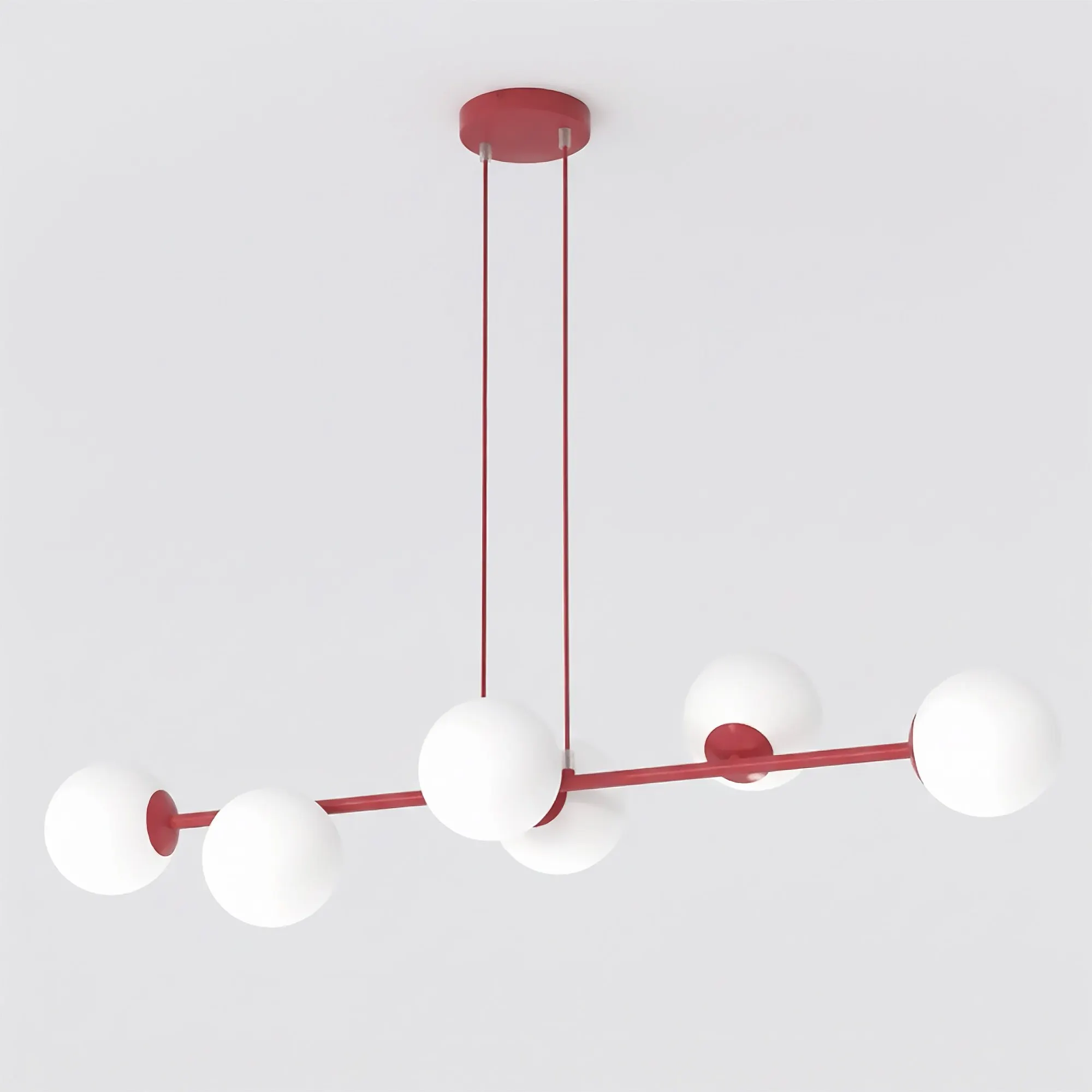 lampa wisząca, kuliste żarówki, czerwona konstrukcja, listwa z kulami, modernistyczna lampa
