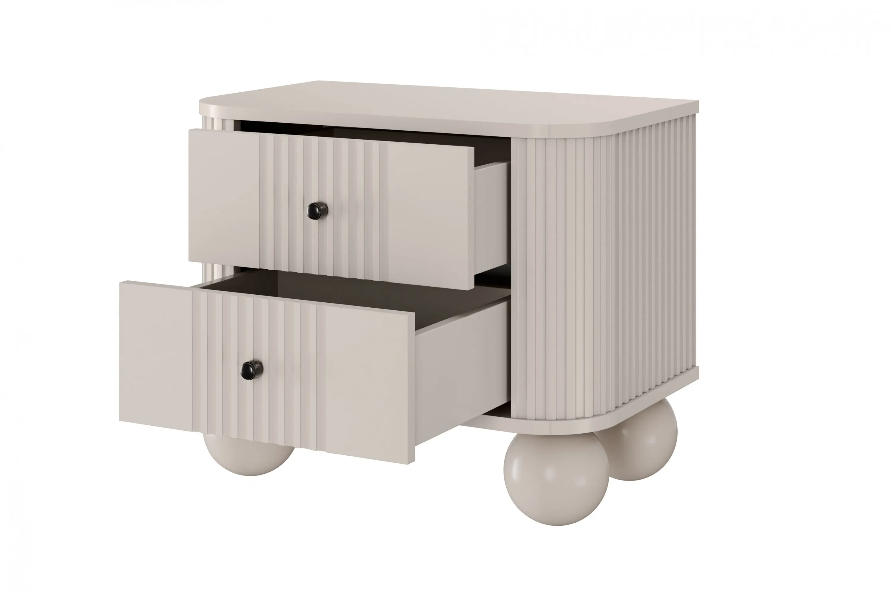 Szafka nocna z 2 szufladami VESPER 56 zestaw 2 sztuk ryflowany front cashmere czarne uchwyty nogi kule - B_163829