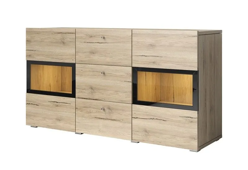 Komoda 2-drzwiowa z szufladami szklana BAROS 132x70x39 dąb san remo
