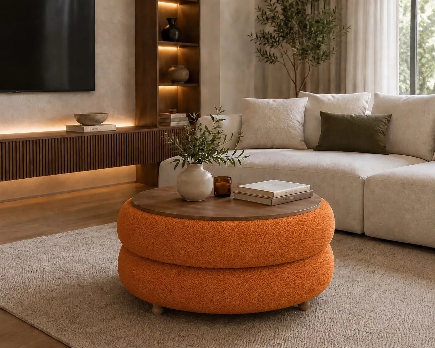 image sofa, living room, coffee table, round ottoman, orange cushion