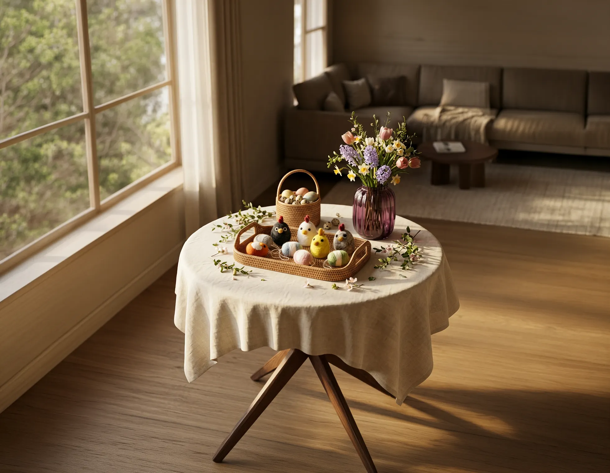 image stół, wielkanoc, dekoracja, kwiaty, koszyk