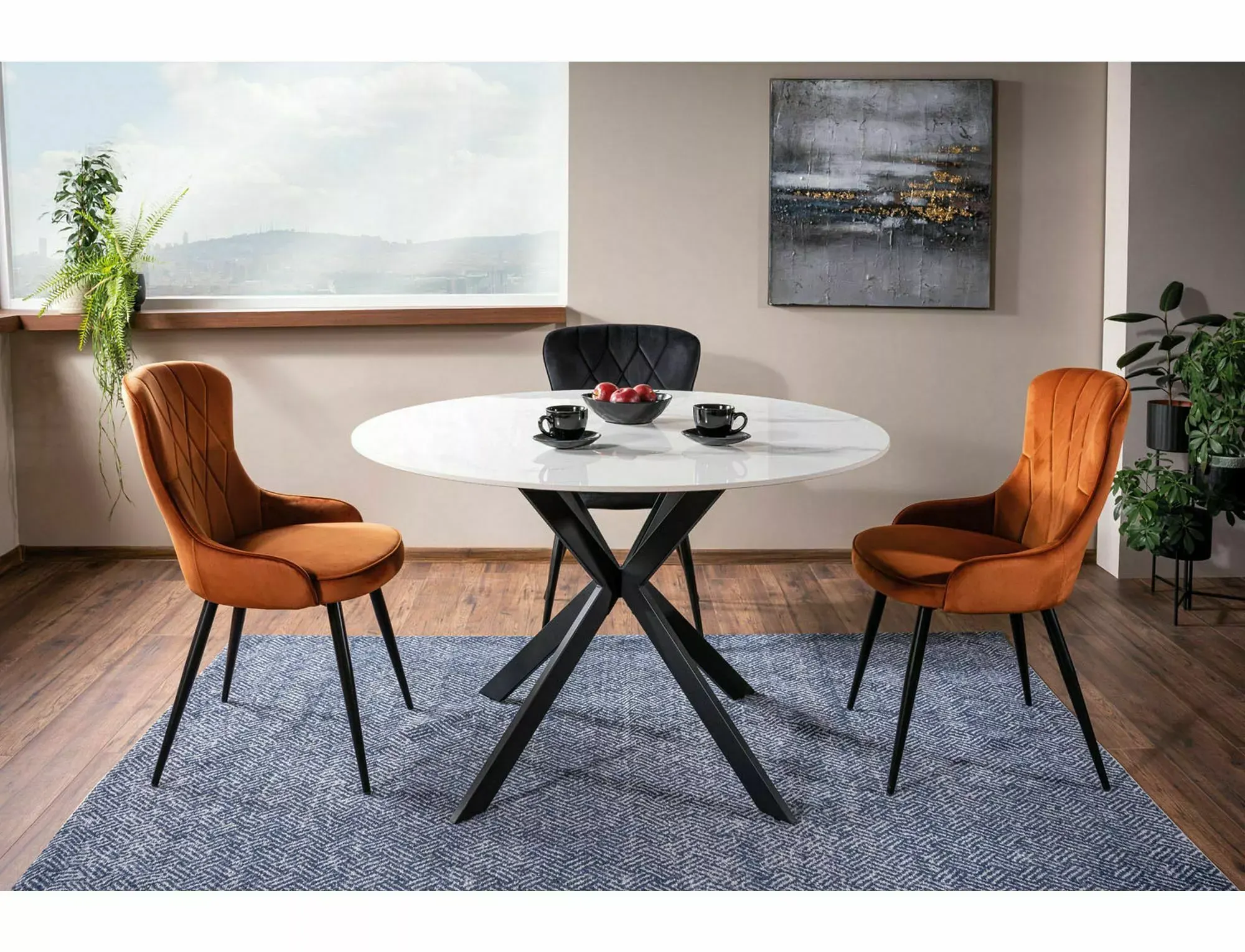 Stół okrągły Talia biały połysk z efektem marmuru, czarny FI120 - TALIABCFI120