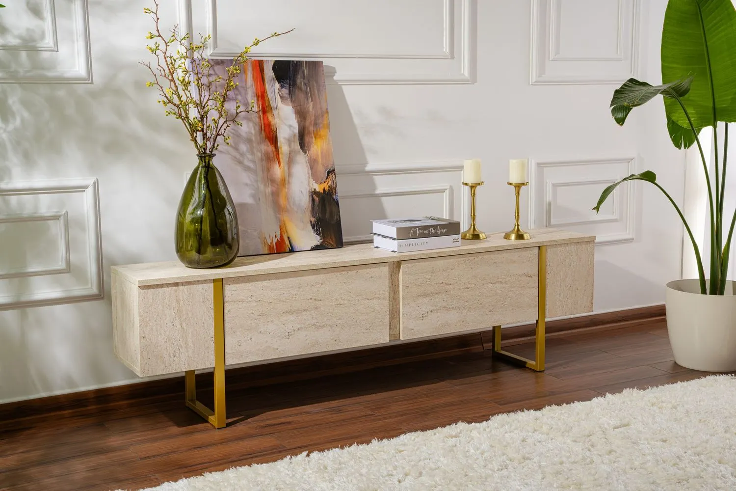 Szafka RTV 2-drzwiowa SERENITY 180 cm trawertynowa złoty stelaż - ASI_241NRD1308