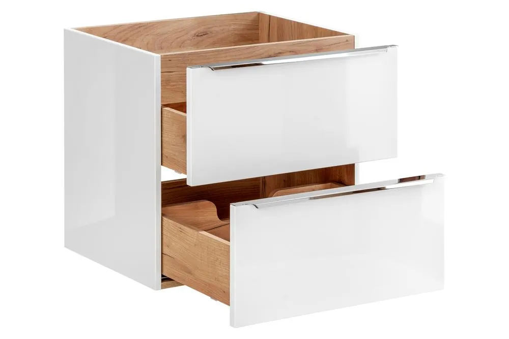 Szafka pod umywalkę z 2 szufladami CAPRI z chromowanymi uchwytami biała, dąb craft 60x57x46cm - CAPRI_WHITE_820B_FSC