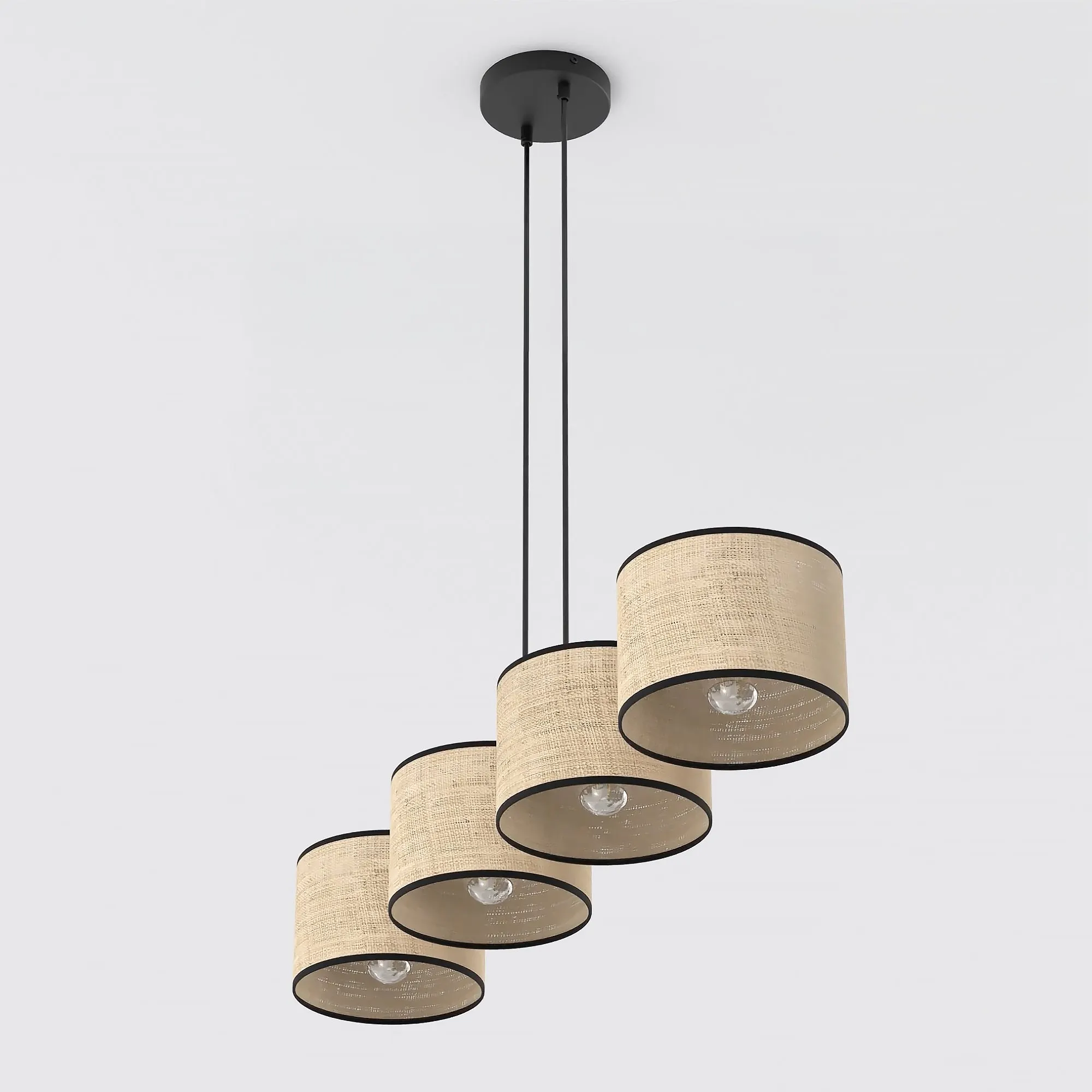 lampa wisząca, lampa sufitowa, abażur rattanowy, czarne elementy, cztery źródła światła