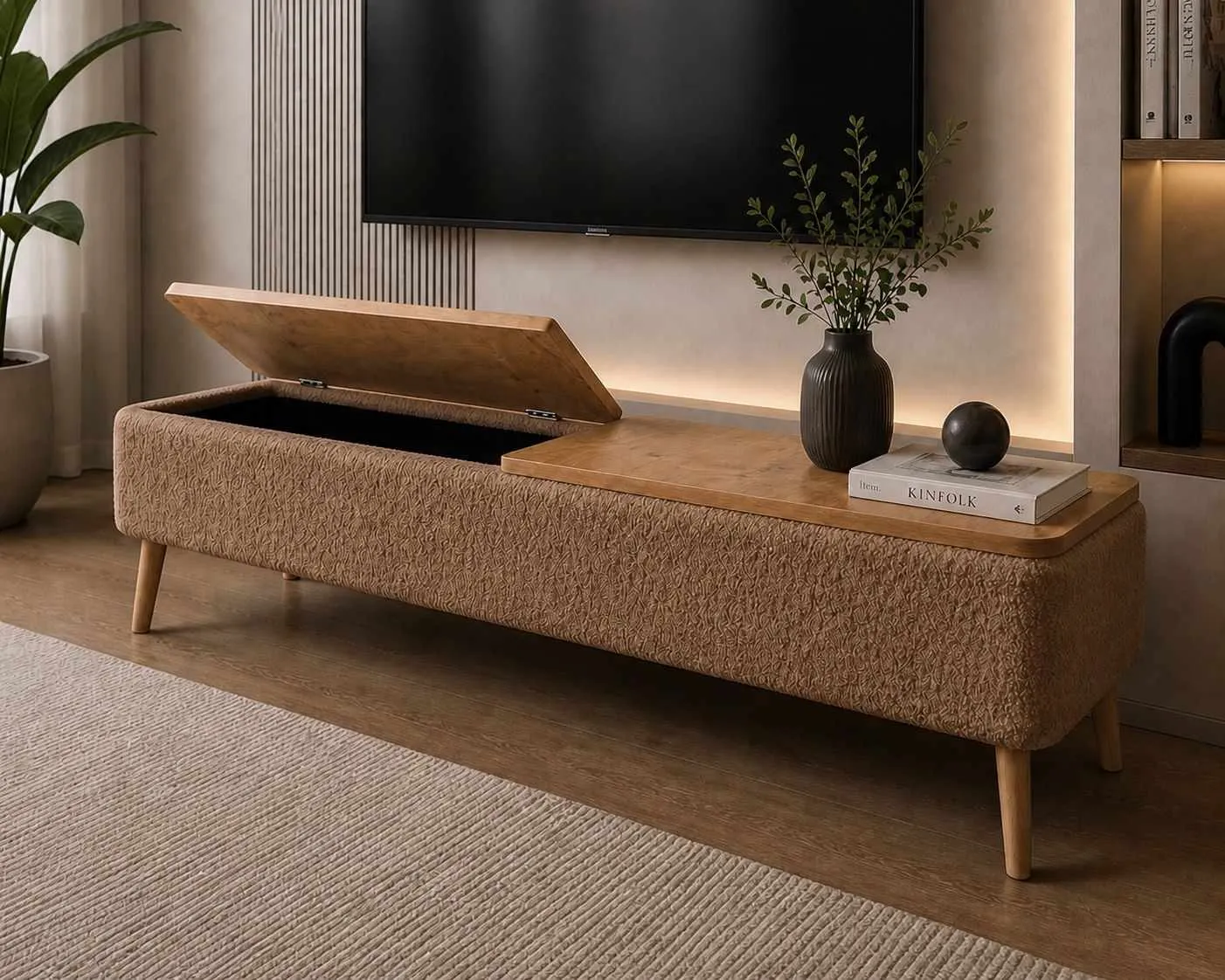 image sofa storage, end table, wooden legs, beige upholstery, tv console