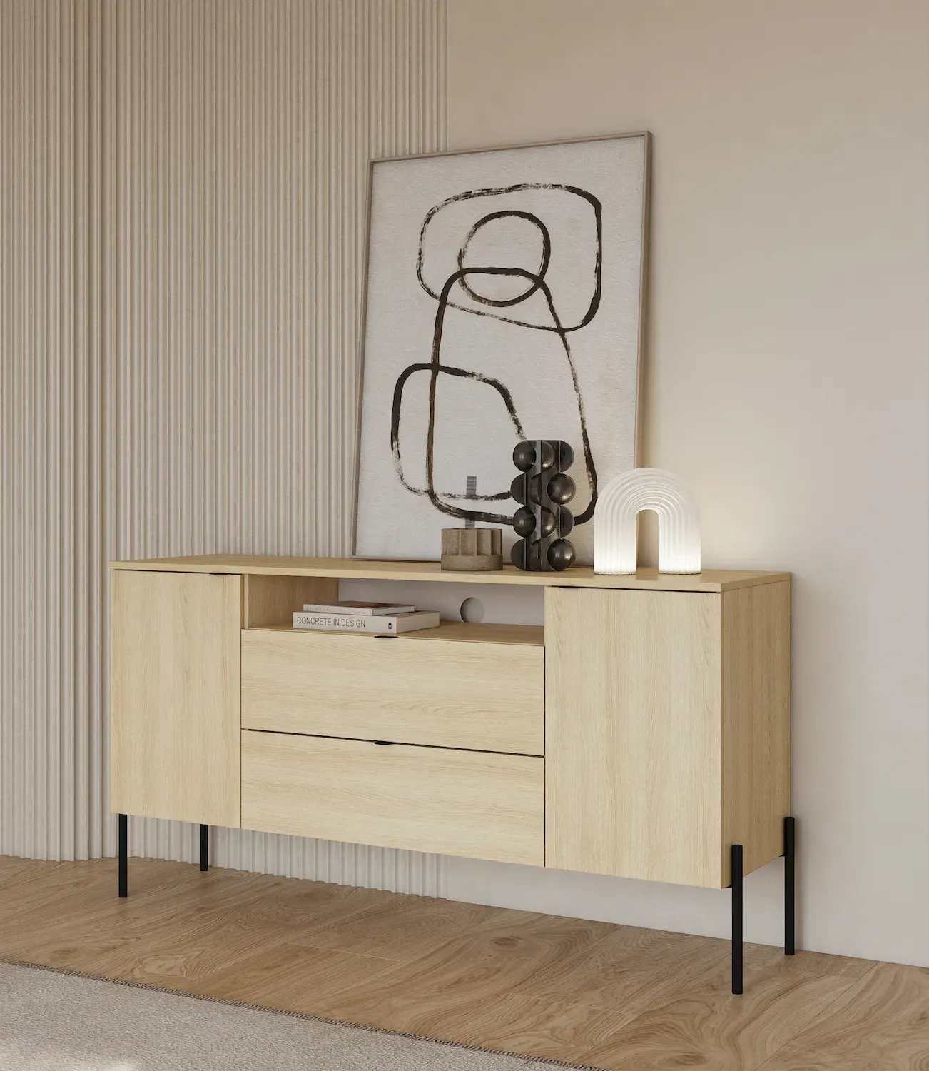 Komoda 2-drzwiowa z 2 szufladami i wnęką ORE 140 cm dąb lindberg czarne nóżki - 24LGOG26