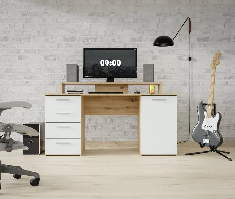 Biurko NET106 z szafką, 4 szufladami i nadstawką na komputer- biały, jasoszary - MT980-M823