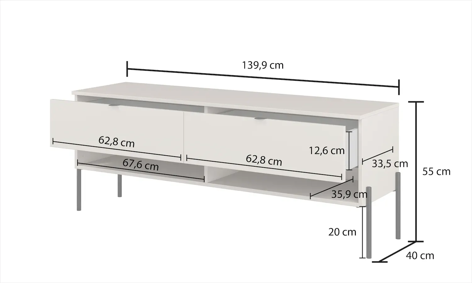 Szafka RTV z 2 szufladami ORE 140 cm dąb lindberg czarne nóżki — zdjęcie 7