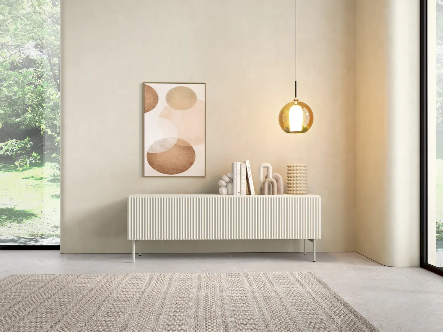 Szafka RTV 3-drzwiowa MUTI 147 cm ryflowany front kaszmir - LA_MUTI_RTV_147_3D