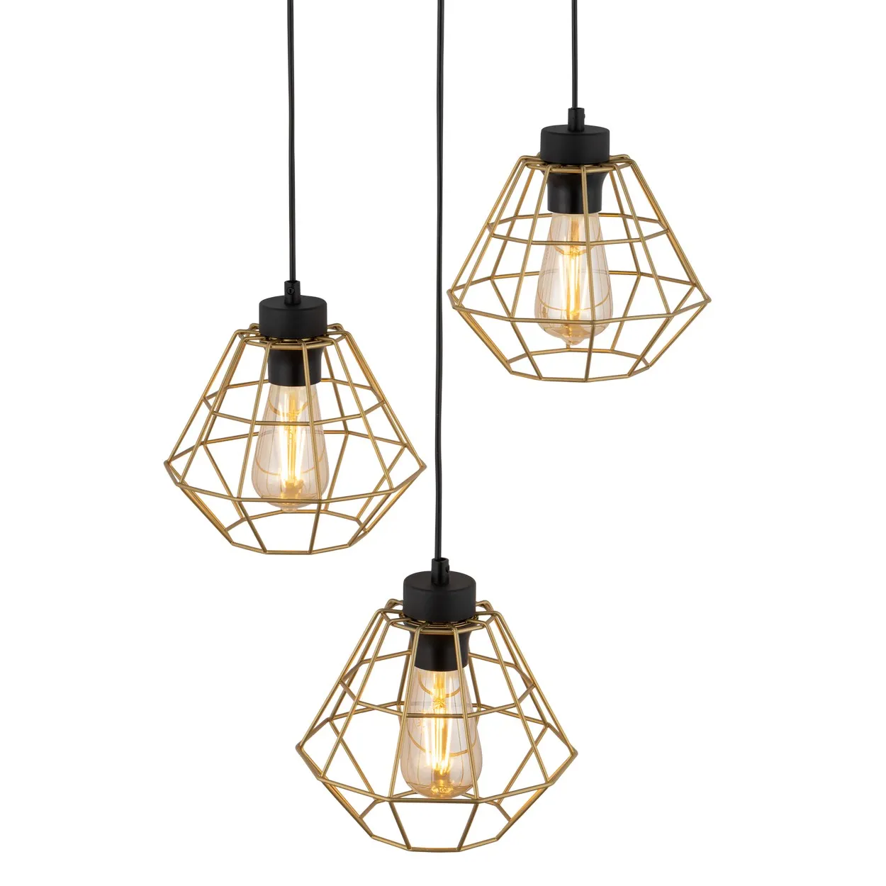 Lampa wisząca DIAMOND czarna ze złotymi ażurowymi kloszami potrójna na okrągłej podstawie 110x47cm - TK_4451