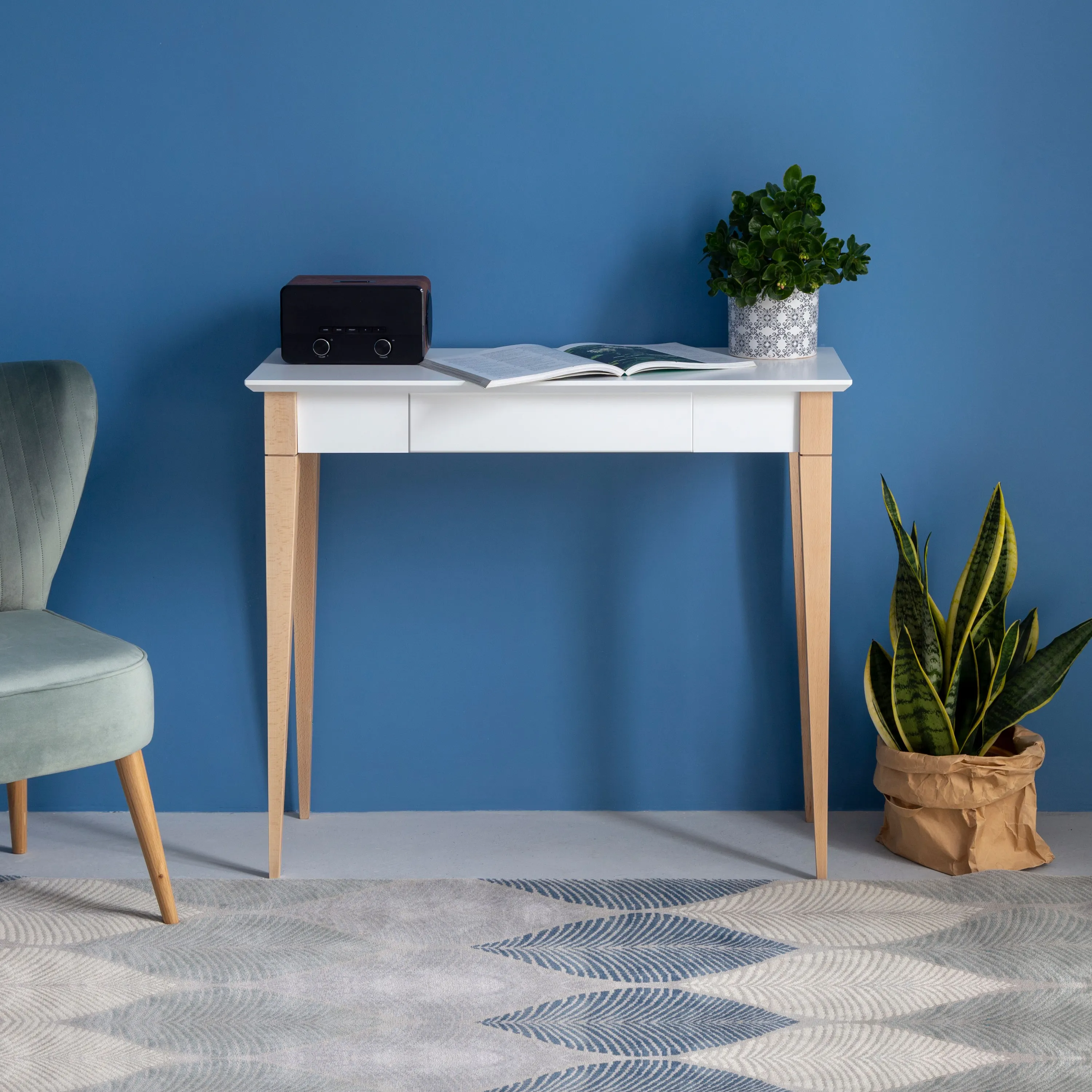 Biurko z szufladą 105x40 MIMO biały blat/drewniane nogi - RAGABAWDMI31