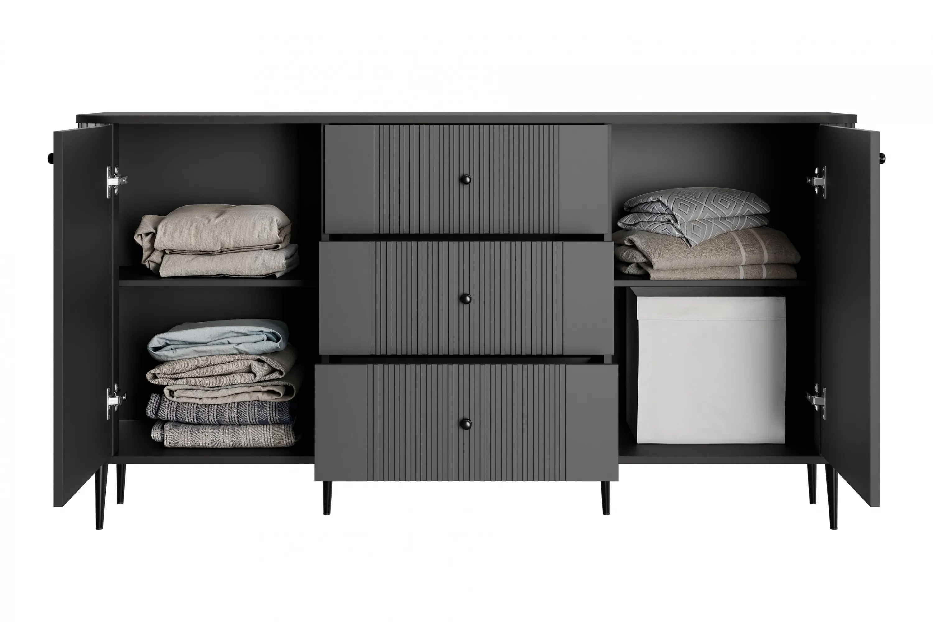 Komoda 2-drzwiowa z 3 szufladami VESPER 160 ryflowany front czarna czarne nogi - B_163613