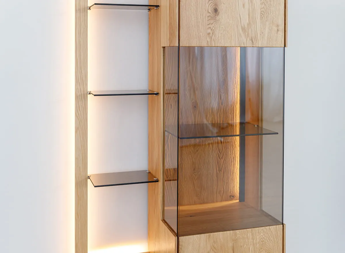 Witryna z regałem dębowa COLLODI z oświetleniem - dąb olejowany - ZICOL03