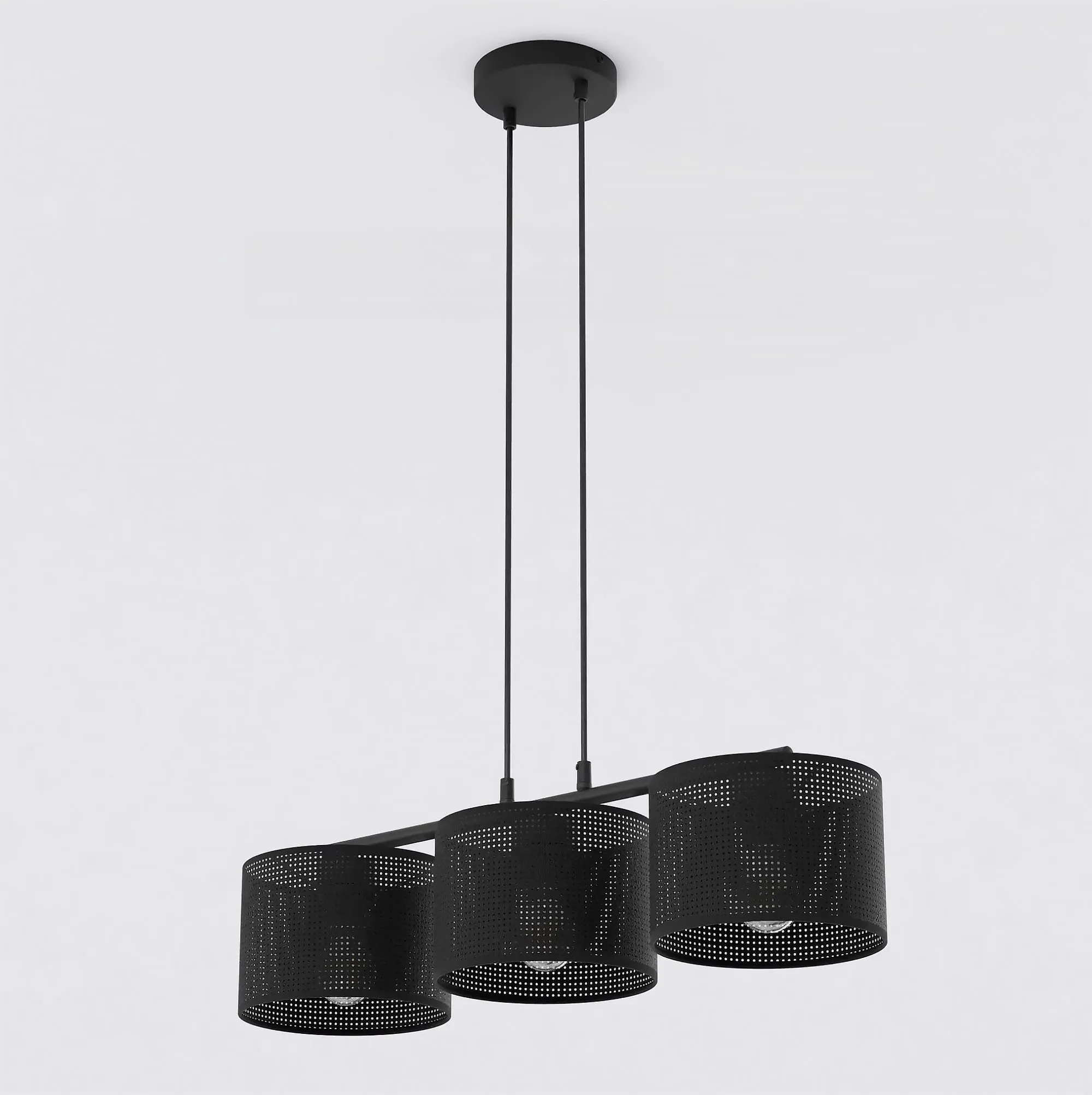 image lampa wisząca, trzy klosze, czarna, metal, perforowana powierzchnia