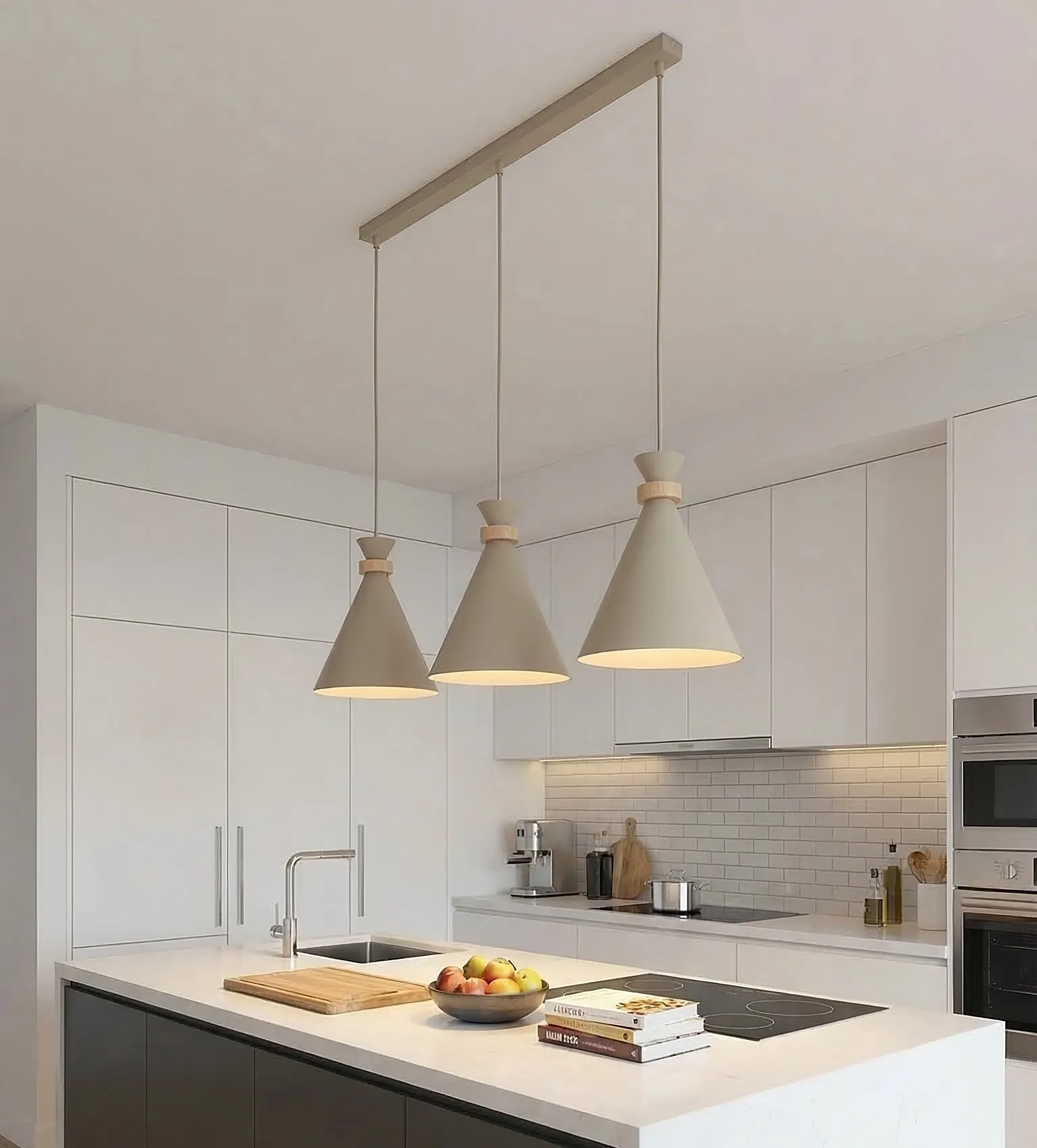 image kuchnia, pendant light, lampa wisząca, szara kuchnia, blat/kuchenny