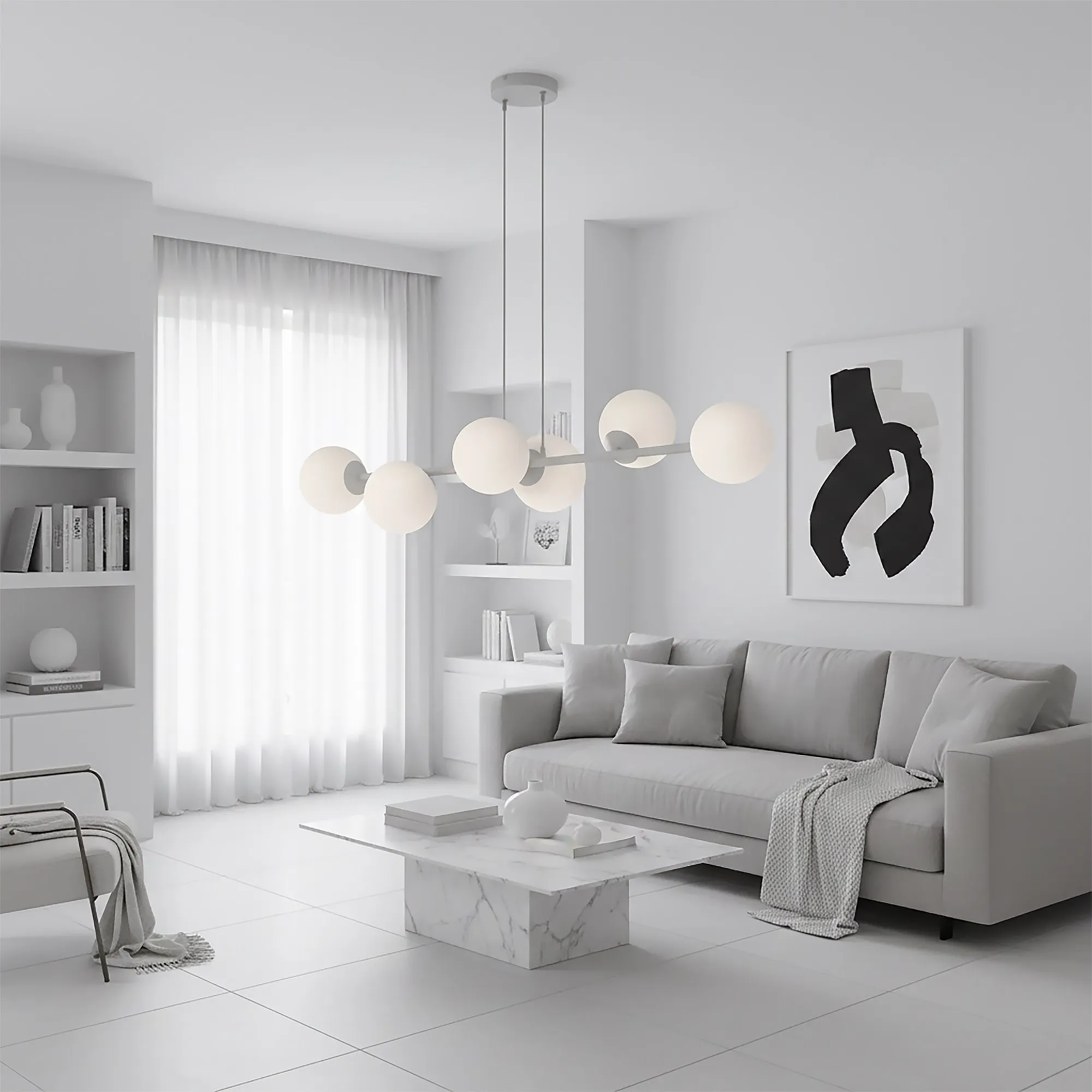image sofa, living-room, lampa wisząca, stolik kawowy, biel