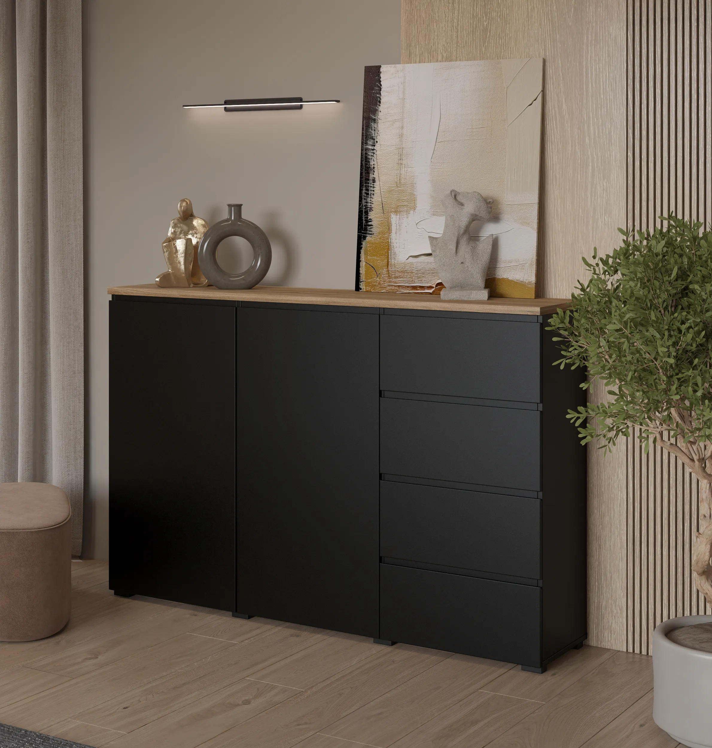 kredens, szafka, meble, czarna, drewniany blat