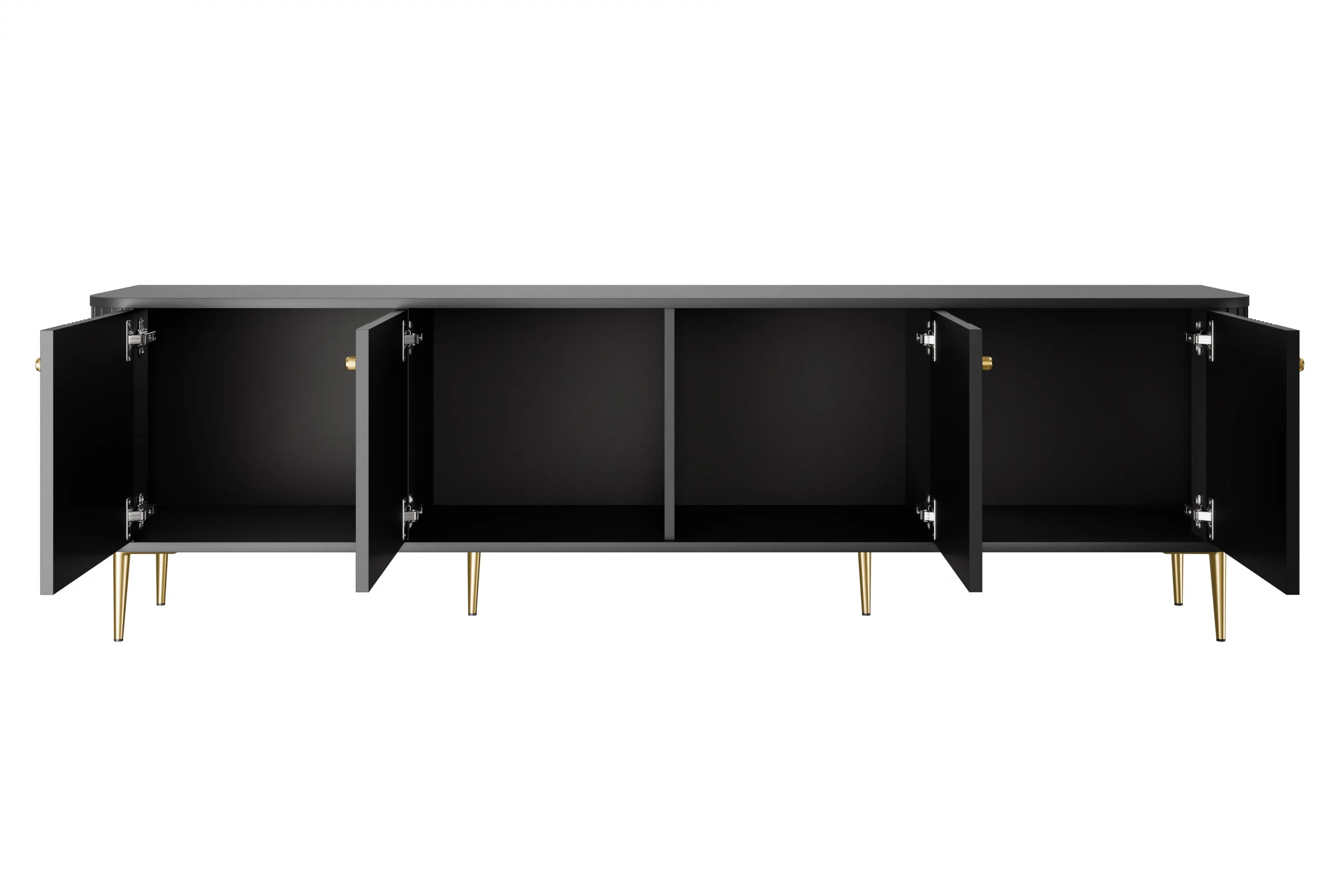 Szafka RTV 4-drzwiowa VESPER RTV 187 ryflowany front czarna złote nogi złote uchwyty - B_163767