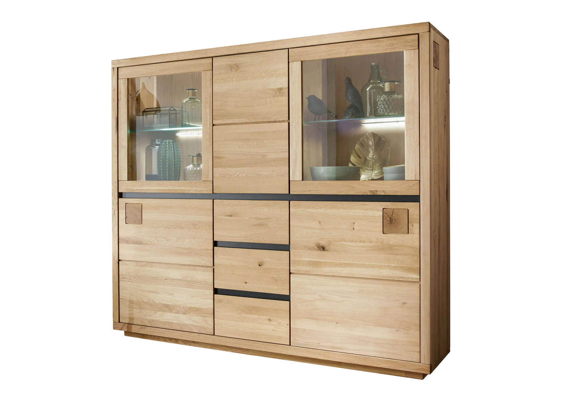 Kredens dębowy z przeszkleniem HALLOW 166x148 5-drzwiowy z 3 szufladami Kredens dębowy z przeszkleniem HALLOW 166x148 5-drzwiowy z 3 szufladami