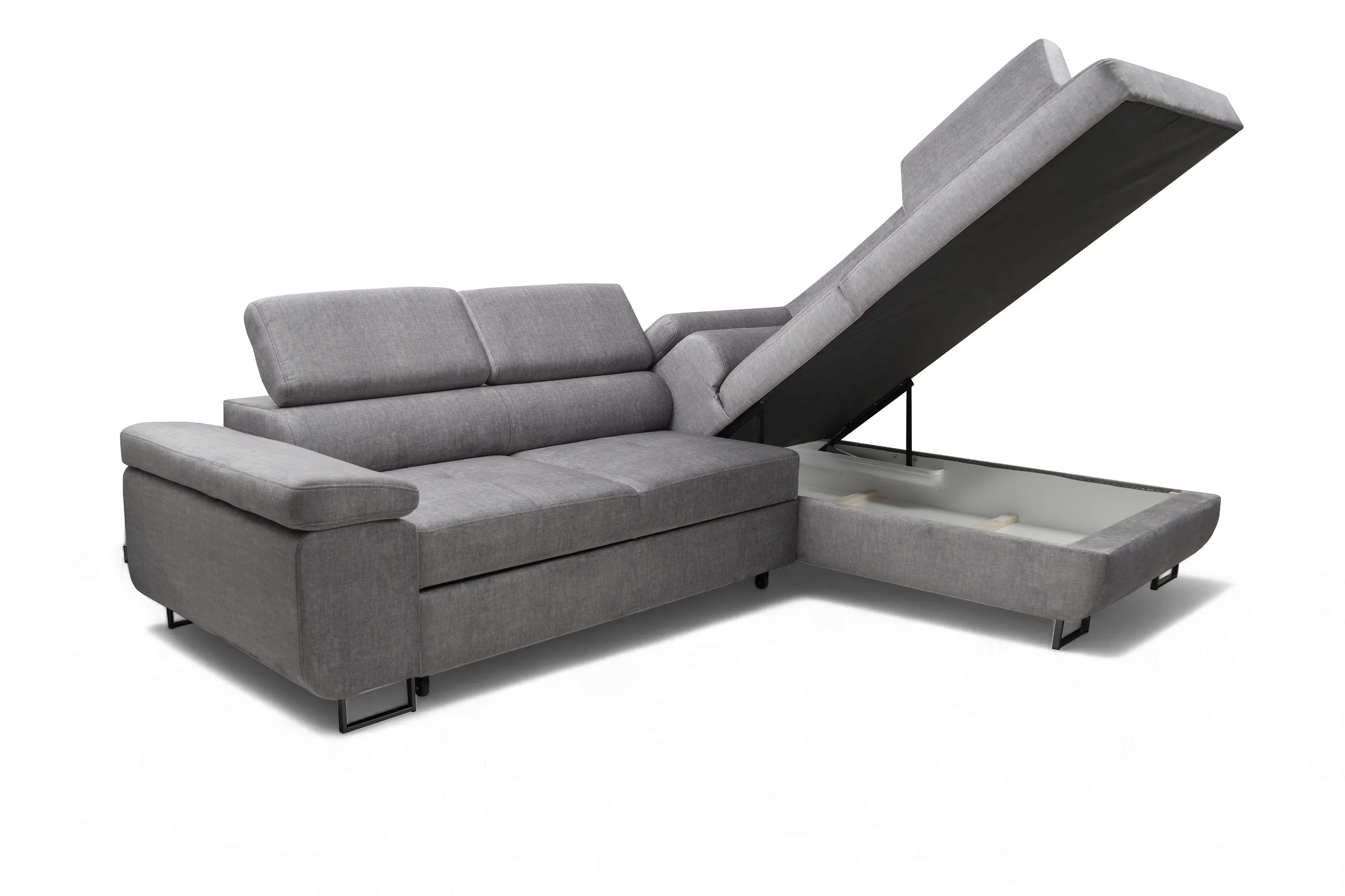 Narożnik prawostronny ANNABELLE L regulowane zagłówki nogi czarne tkanina Vogue 14 szary - B_165780