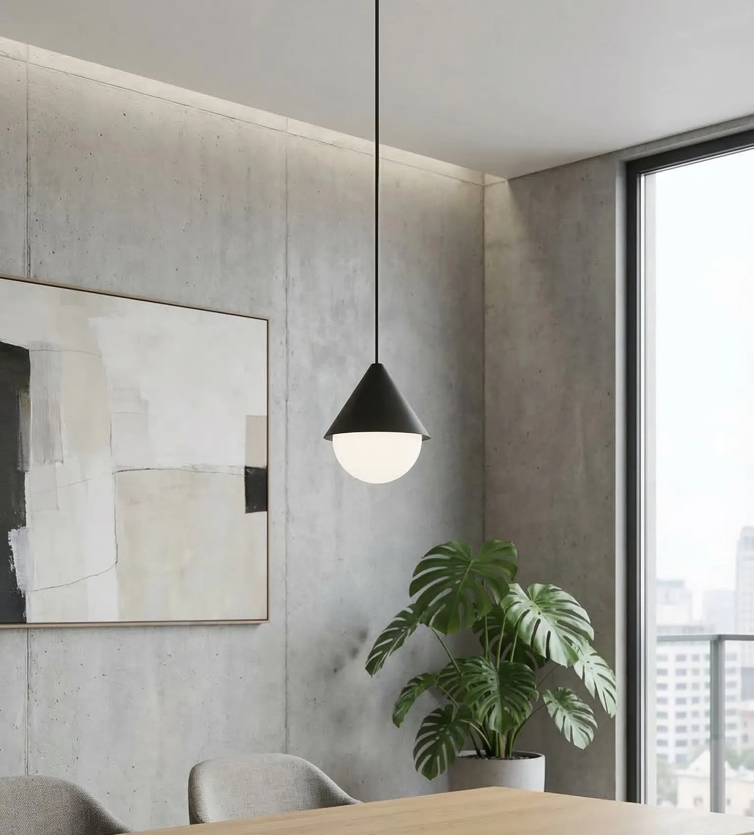 image lampa wisząca, lampa nad stół, minimalistyczny design, zielona roślina doniczkowa, duże okno balkonowe