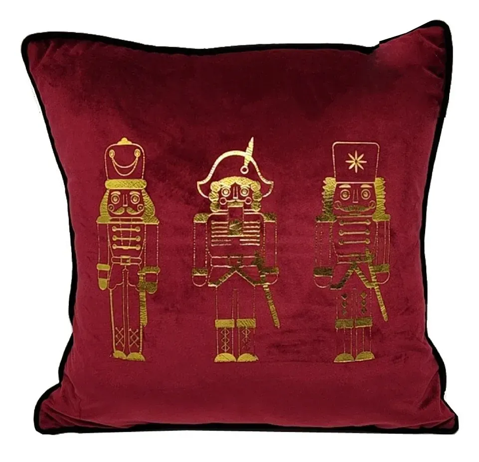 Poduszka świąteczna welurowa ZE ZŁOTYMI ŻOŁNIERZYKAMI 40x40 czerwona