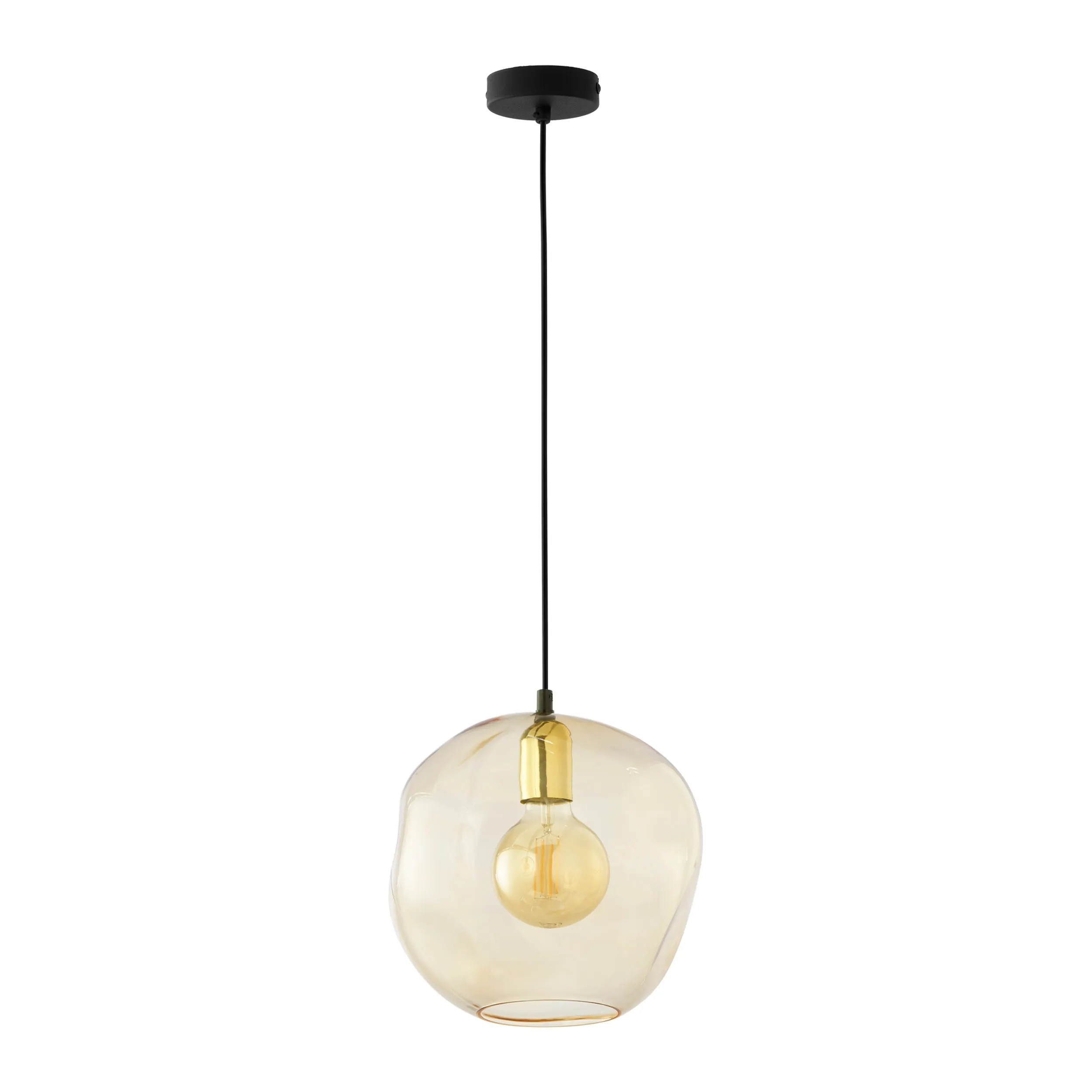 Lampa wisząca SOL czarna ze złotym elementem bursztynowym okrągłym szklanym kloszem 175x25cm