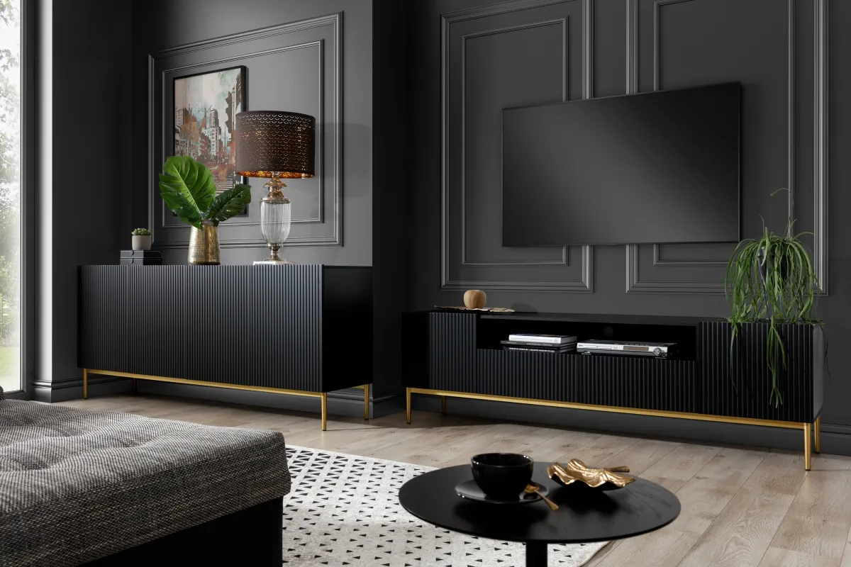 Komoda 4-drzwiowa NICOLE 200 - czarny mat - złoty stelaż - B_51780
