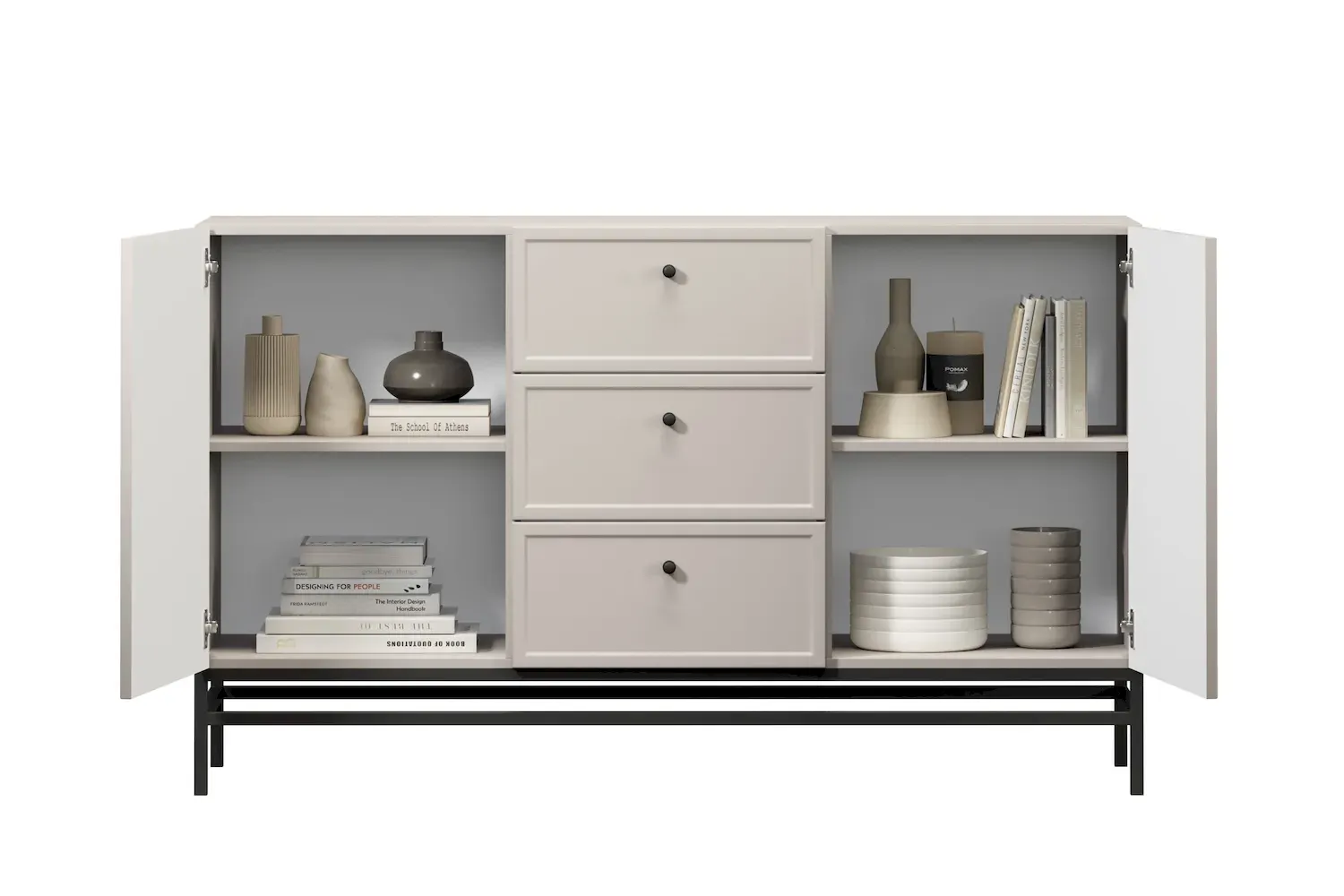 Komoda 2-drzwoiowa z 3 szufladami LORINI 150 - cashmere gałka czarna stelaż czarny - B_166767