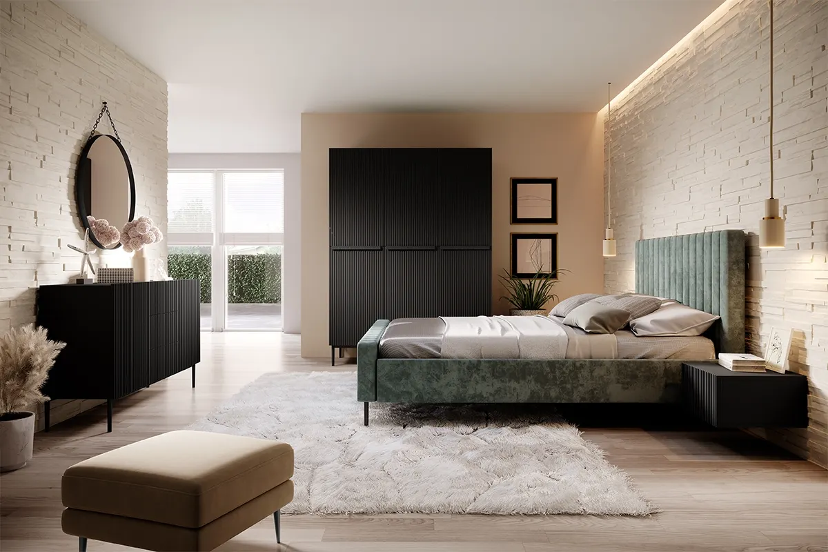 Szafa 3-drzwiowa NICOLE 150 z półkami i drążkiem - czarny mat - czarny stelaż - B_148489