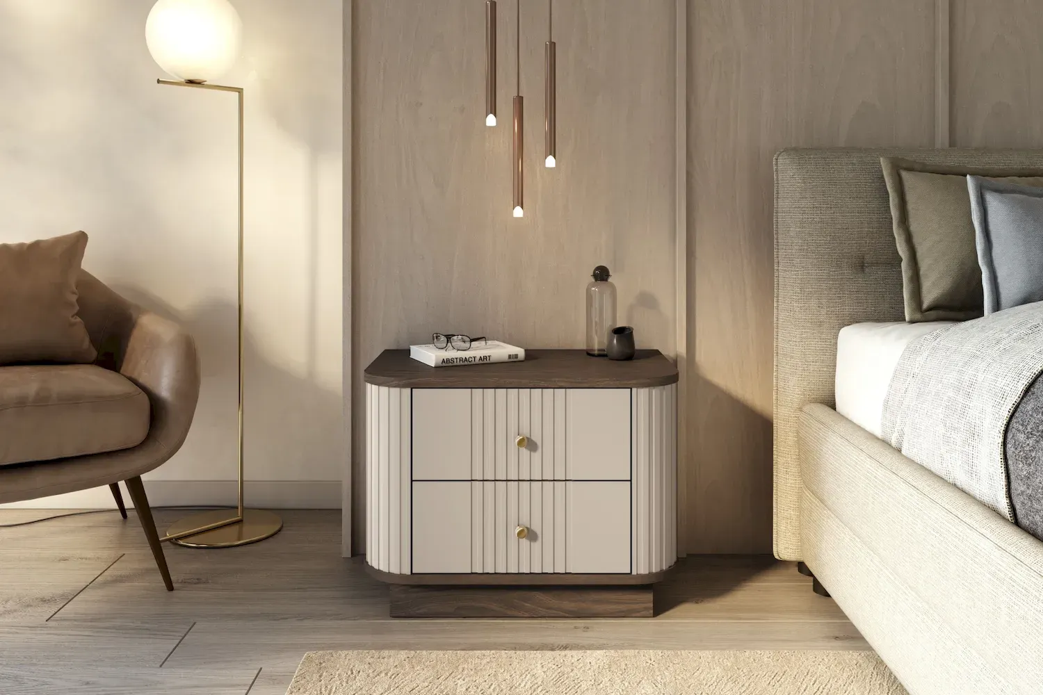 Zestaw szafka nocna z 2 szufladami VESPER 2-set ryflowany front - cashmere orzech złote uchwyty cokół - B_169468