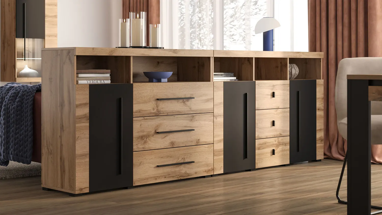 Komoda 2-drzwiowa z szufladami ROGER 2D3S (132cm) dąb wotan - 22N2ZH43