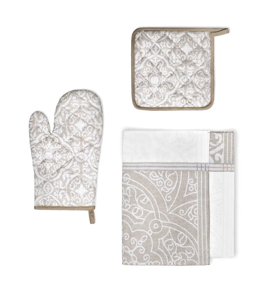 Zestaw kuchenny 4-czesciowy ETNO 001 podkładka rękawica 2x ścierka beżowy Poduszka, Wystrój domu, Meble