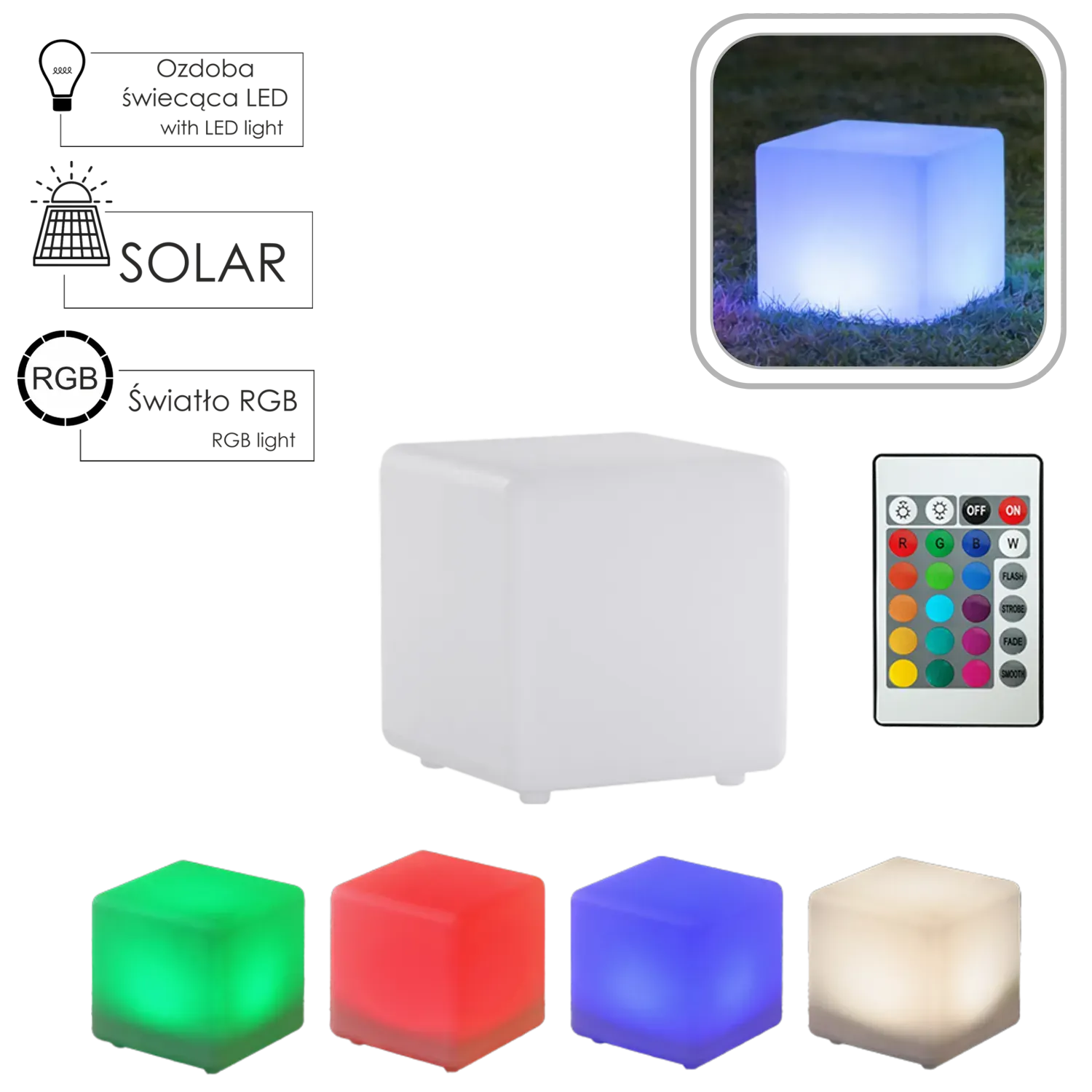Lampa solarna KOSTKA BIAŁA 30x30x31 cm MULTIKOLOR z pilotem