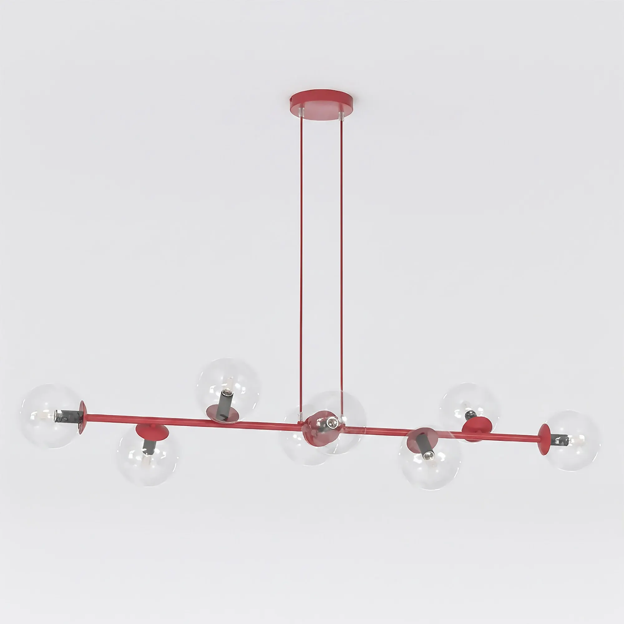 lampa wisząca, kinkiet, metalowa konstrukcja, czarne żarówki, czerwony kolor