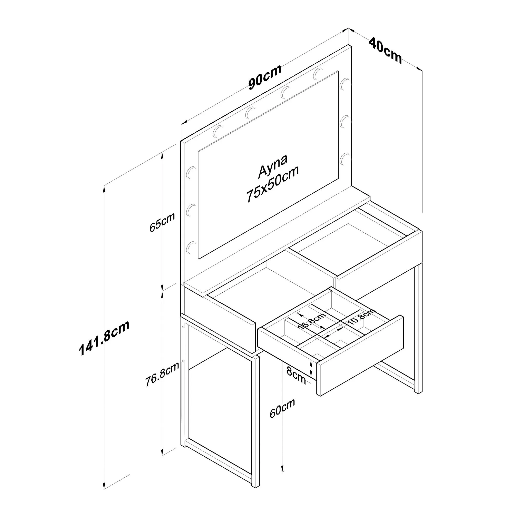 meble toaletka, dressing table, szuflada, rama lustra, organizator